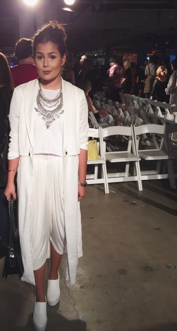 Wearing an Urbanite necklace, H&M crop tank, TopShop trench coat, dhoti pants from Mumbai, and platform shoes from ASOS